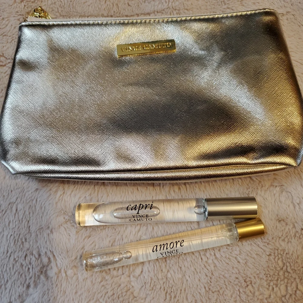 Vince Camuto Gold Cosmetic Bag Clutch CAPRI Rollerball AMORE Travel Purse Spray